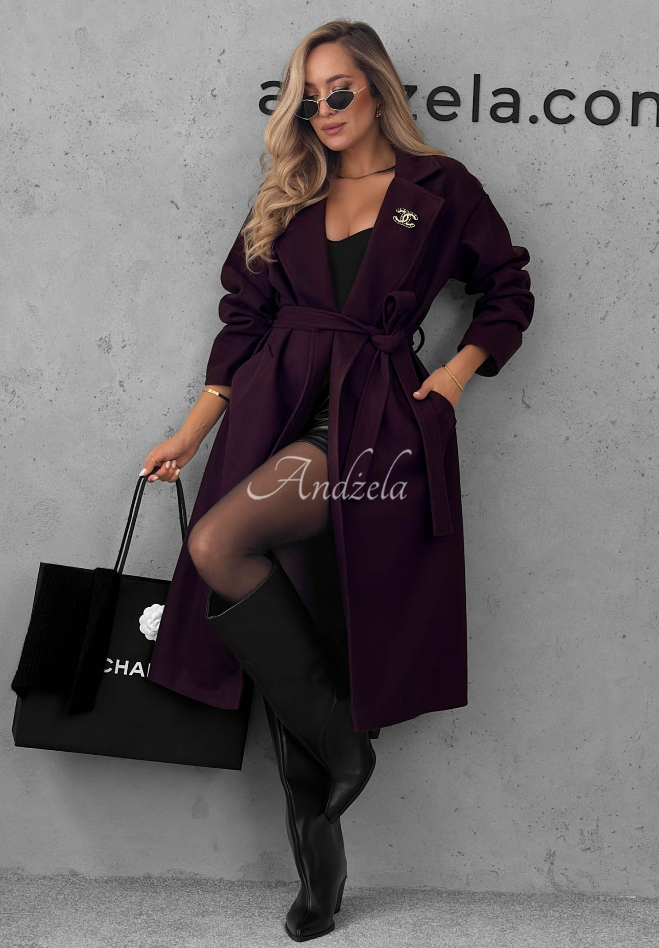 Quiet Autumn Long Wool Coat with Belt, Berry