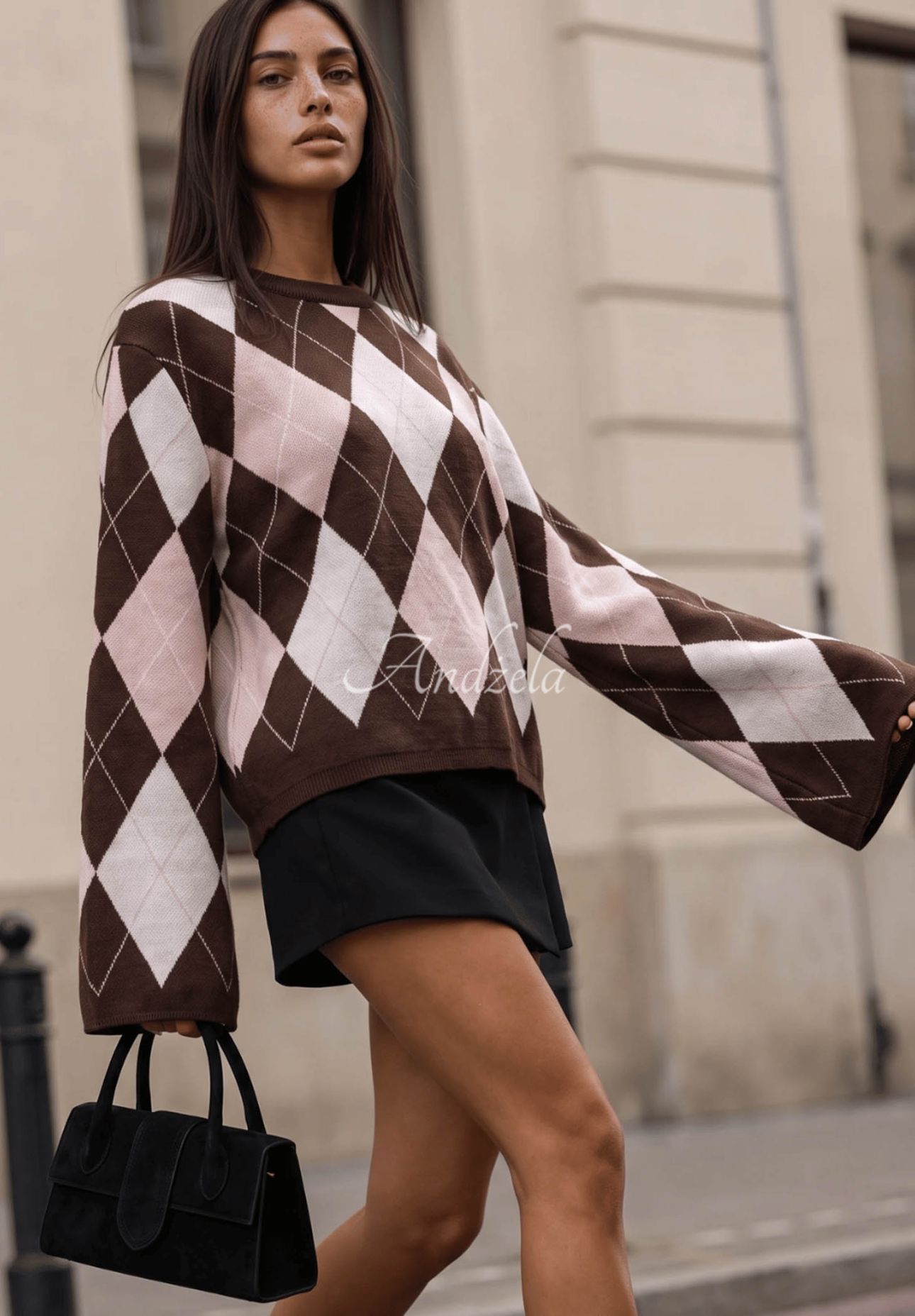 Cocomore Fluffy Dream Chocolate-Colored Viscose Diamond-Pattern Sweater