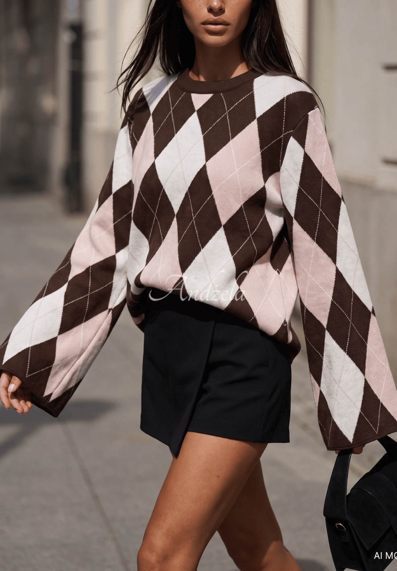 Cocomore Fluffy Dream Chocolate-Colored Viscose Diamond-Pattern Sweater