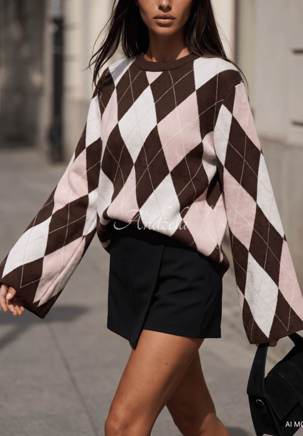 Cocomore Fluffy Dream Chocolate-Colored Viscose Diamond-Pattern Sweater