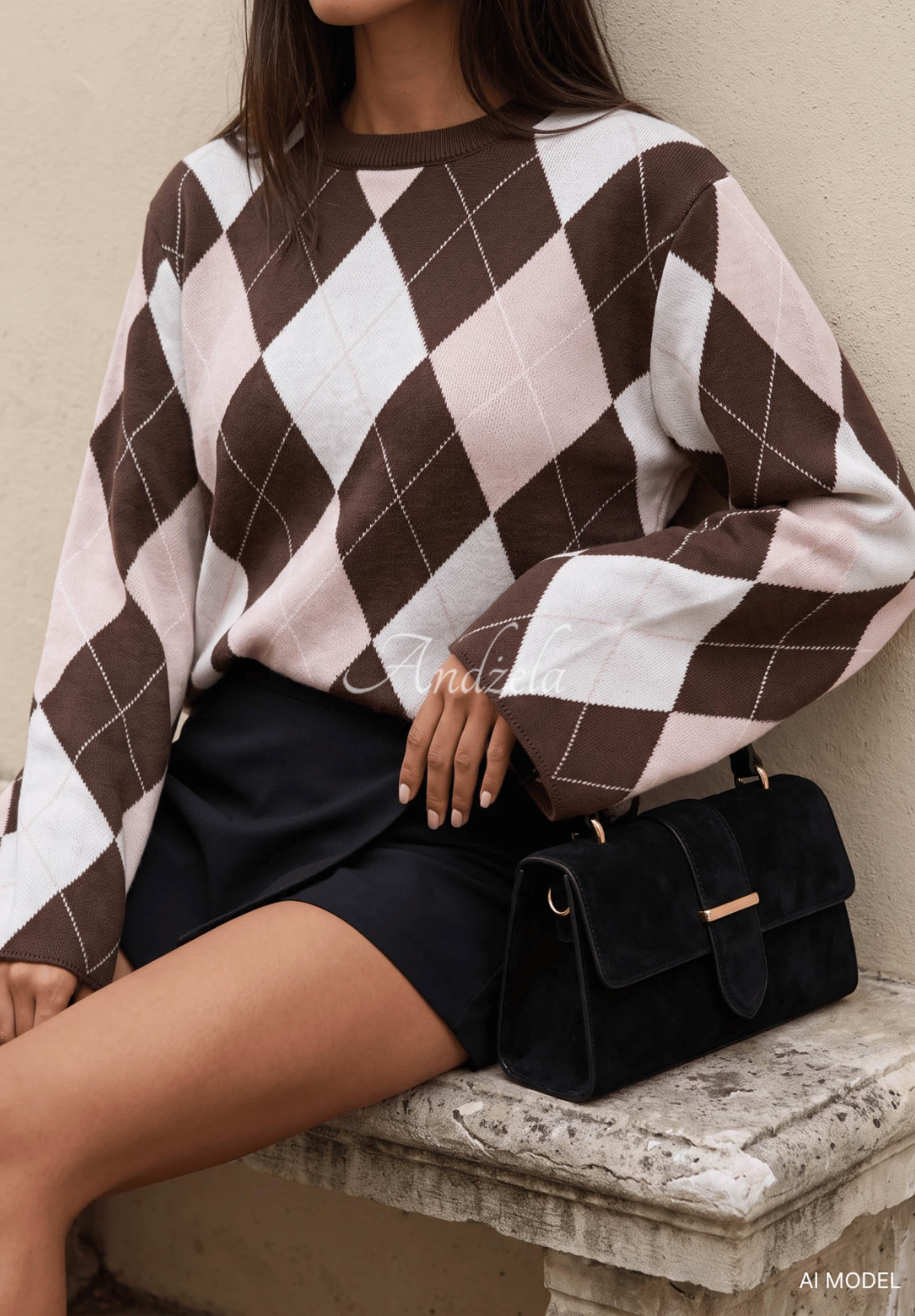 Cocomore Fluffy Dream Chocolate-Colored Viscose Diamond-Pattern Sweater