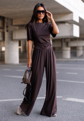 Maybe Tonight chocolate-colored wide-leg viscose pants with pleats