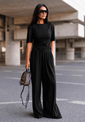 Maybe Tonight Black Wide-Leg Viscose Pants with Pleats