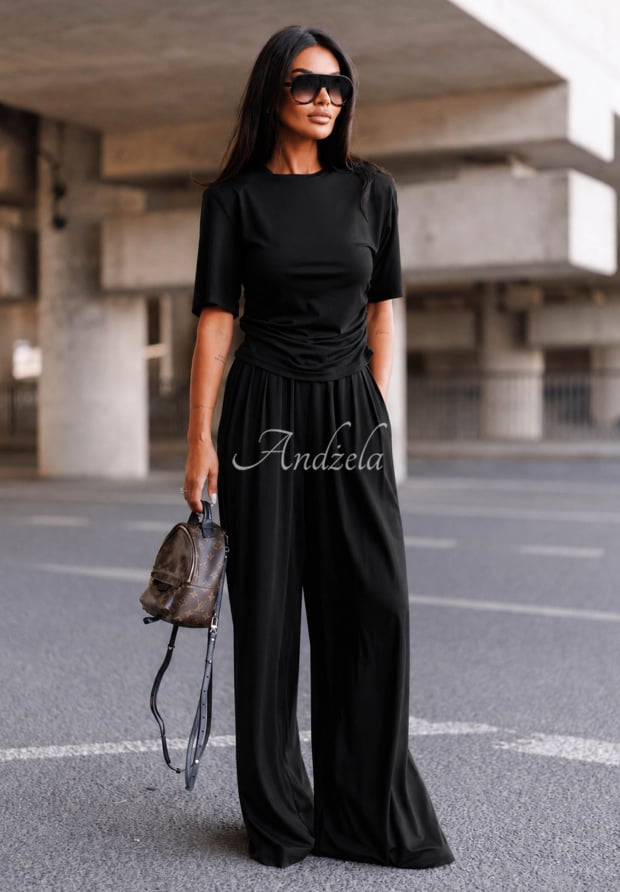 Wiskozowe spodnie wide leg z zakładkami Maybe Tonight czarne