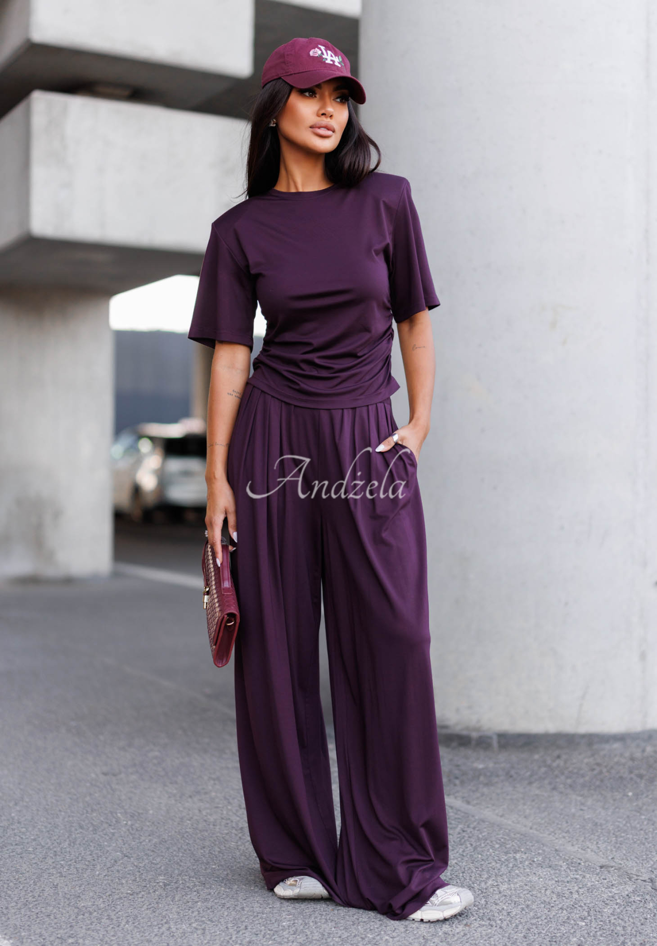 Maybe Tonight wide-leg viscose pants with pleats in berry
