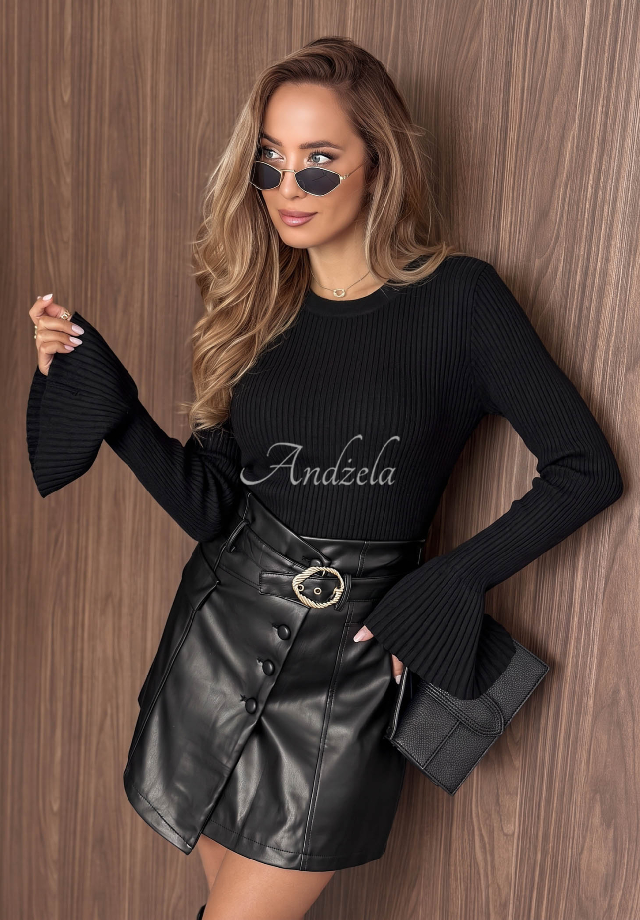 Sunny Primrose Black Ribbed Viscose Sweater with Bell Sleeves