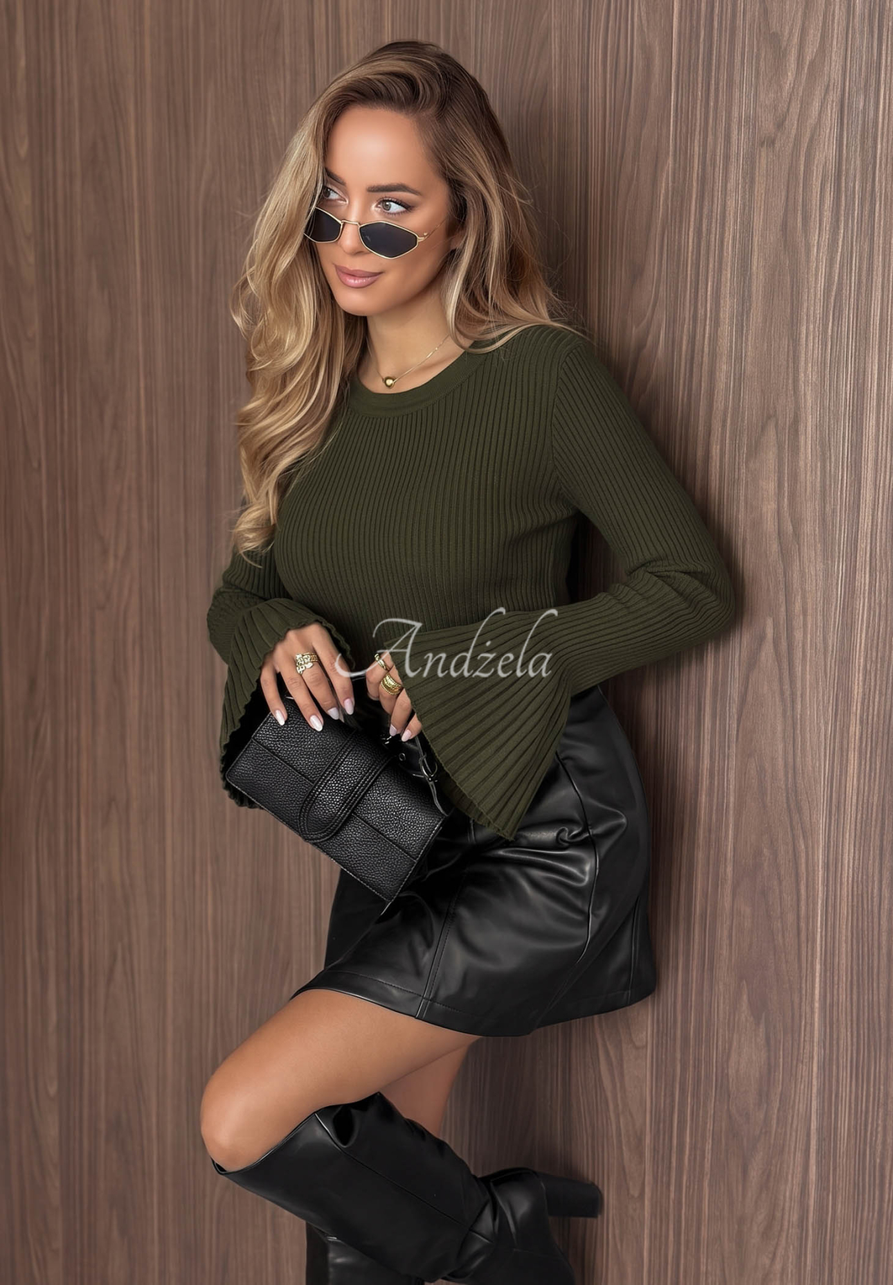 Sunny Primrose khaki ribbed viscose sweater with bell sleeves