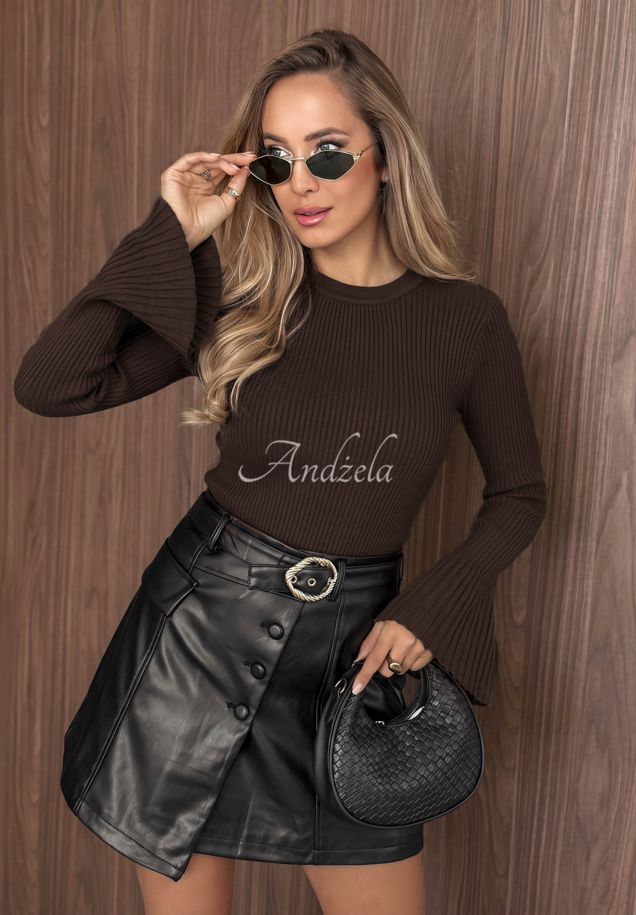Sunny Primrose Chocolate-Colored Ribbed Viscose Sweater with Bell Sleeves