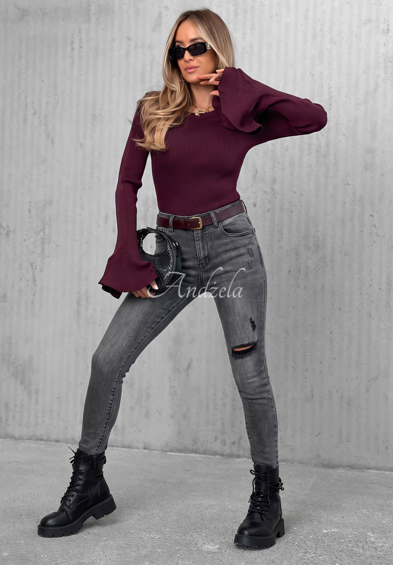 Another Side dark gray skinny jeans with distressed details