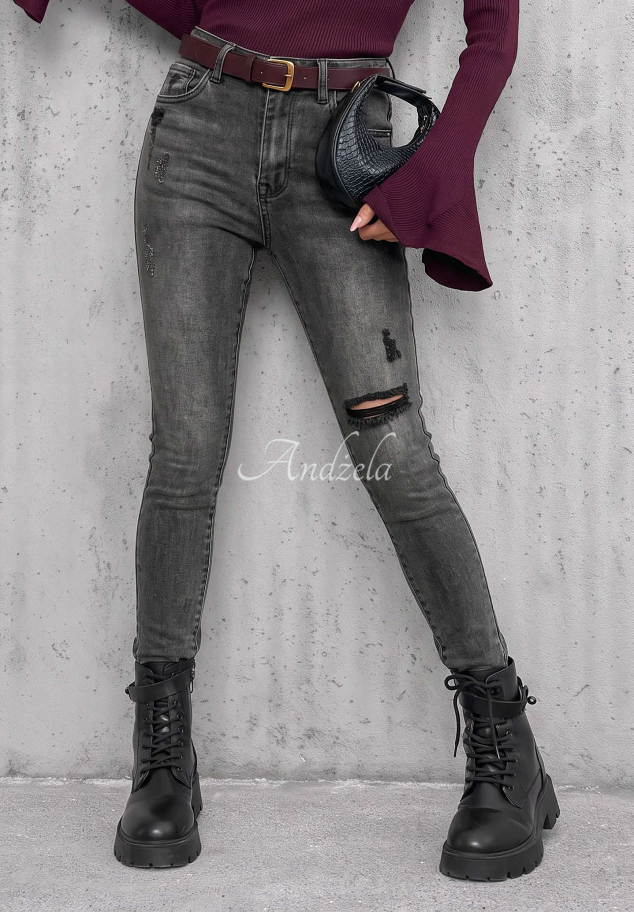 Another Side dark gray skinny jeans with distressed details