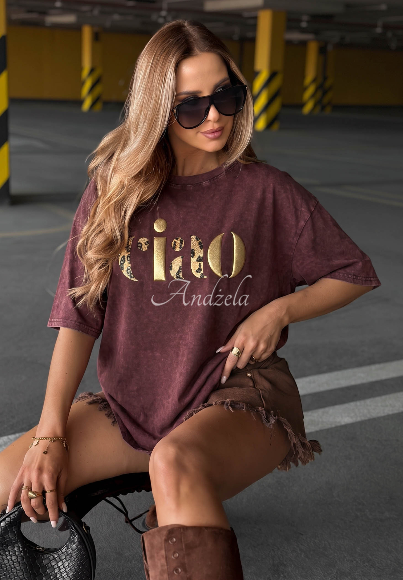 Bawełniany T-shirt z napisem Golden Ciao burgundowy