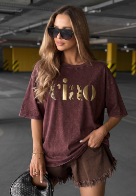 Bawełniany T-shirt z napisem Golden Ciao burgundowy