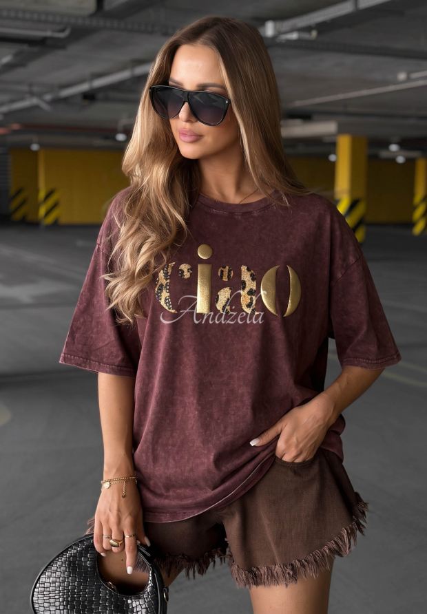 Burgundy Cotton T-Shirt with "Golden Ciao" Print