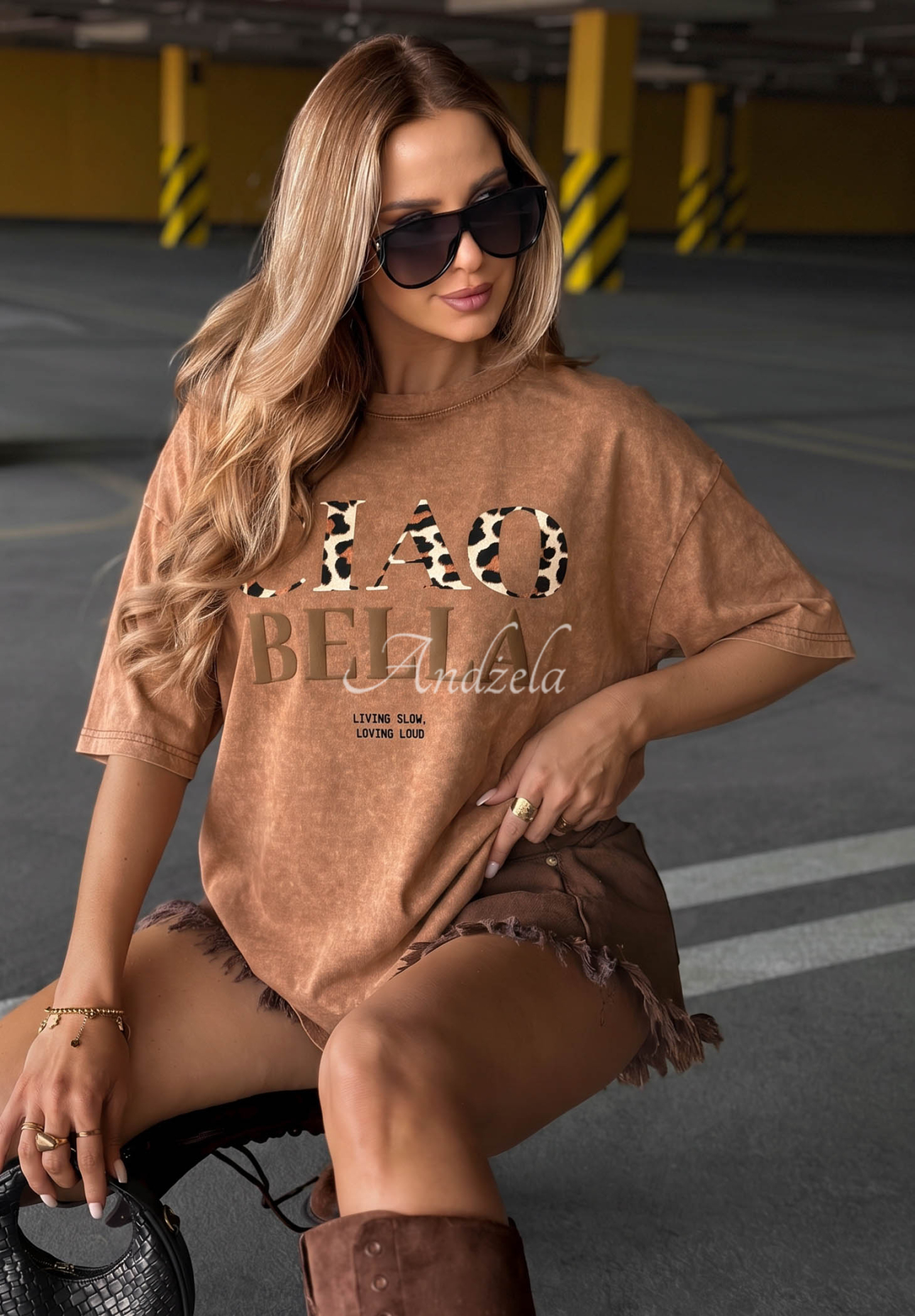 Bawełniany T-shirt z nadrukiem Ciao Beli camelowy