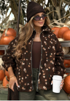 Comfy Bloom Chocolate-Colored Floral Shearling Jacket with a Stand-Up Collar