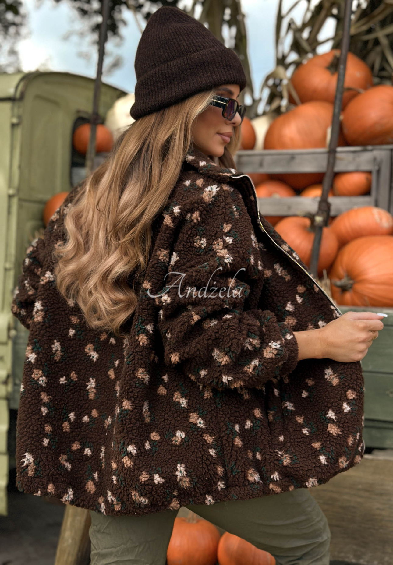 Comfy Bloom Chocolate-Colored Floral Shearling Jacket with a Stand-Up Collar