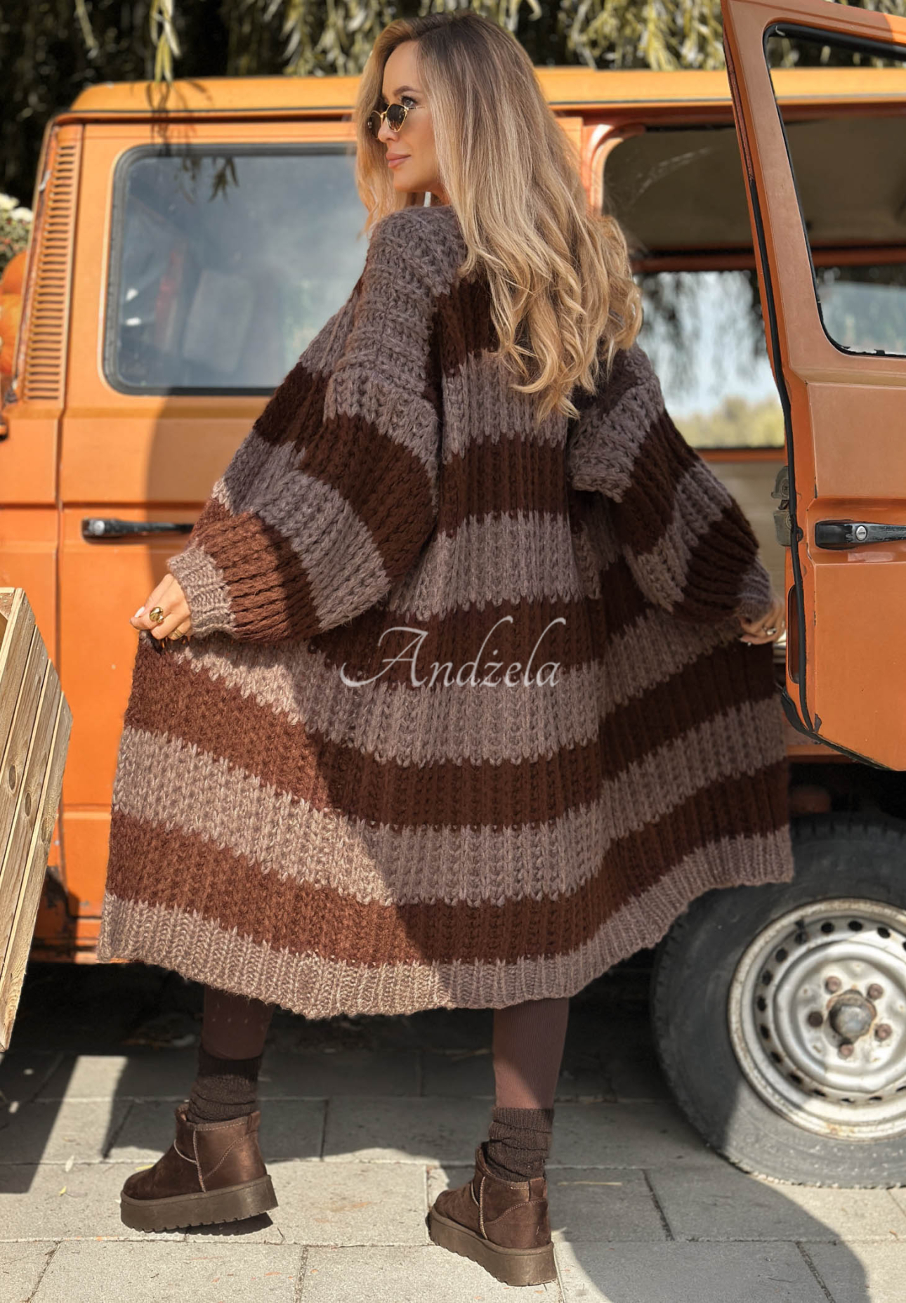 Long cardigan with puff sleeves and stripes by October Charm in chocolate brown