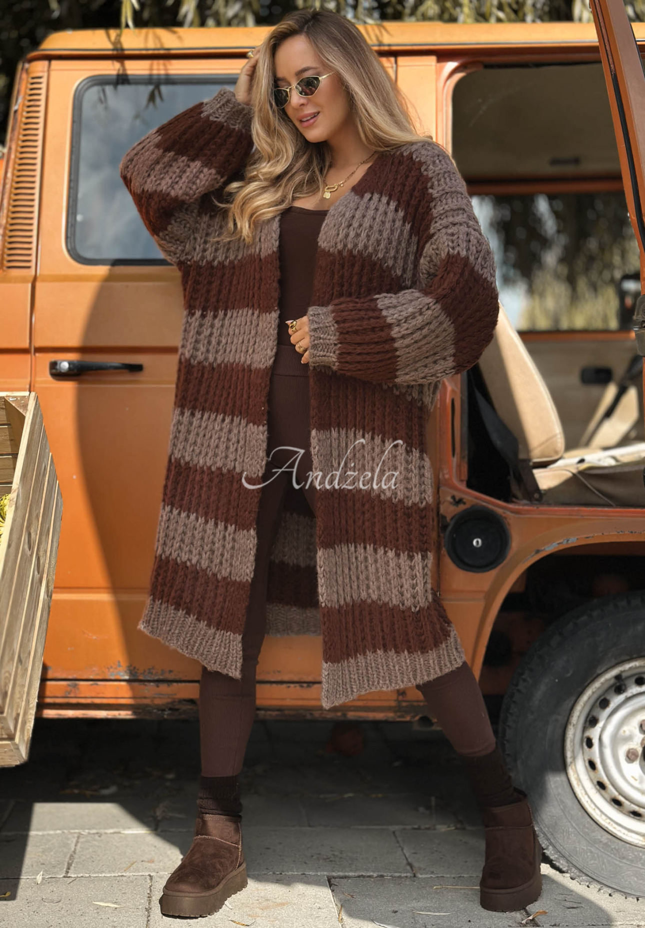 Long cardigan with puff sleeves and stripes by October Charm in chocolate brown
