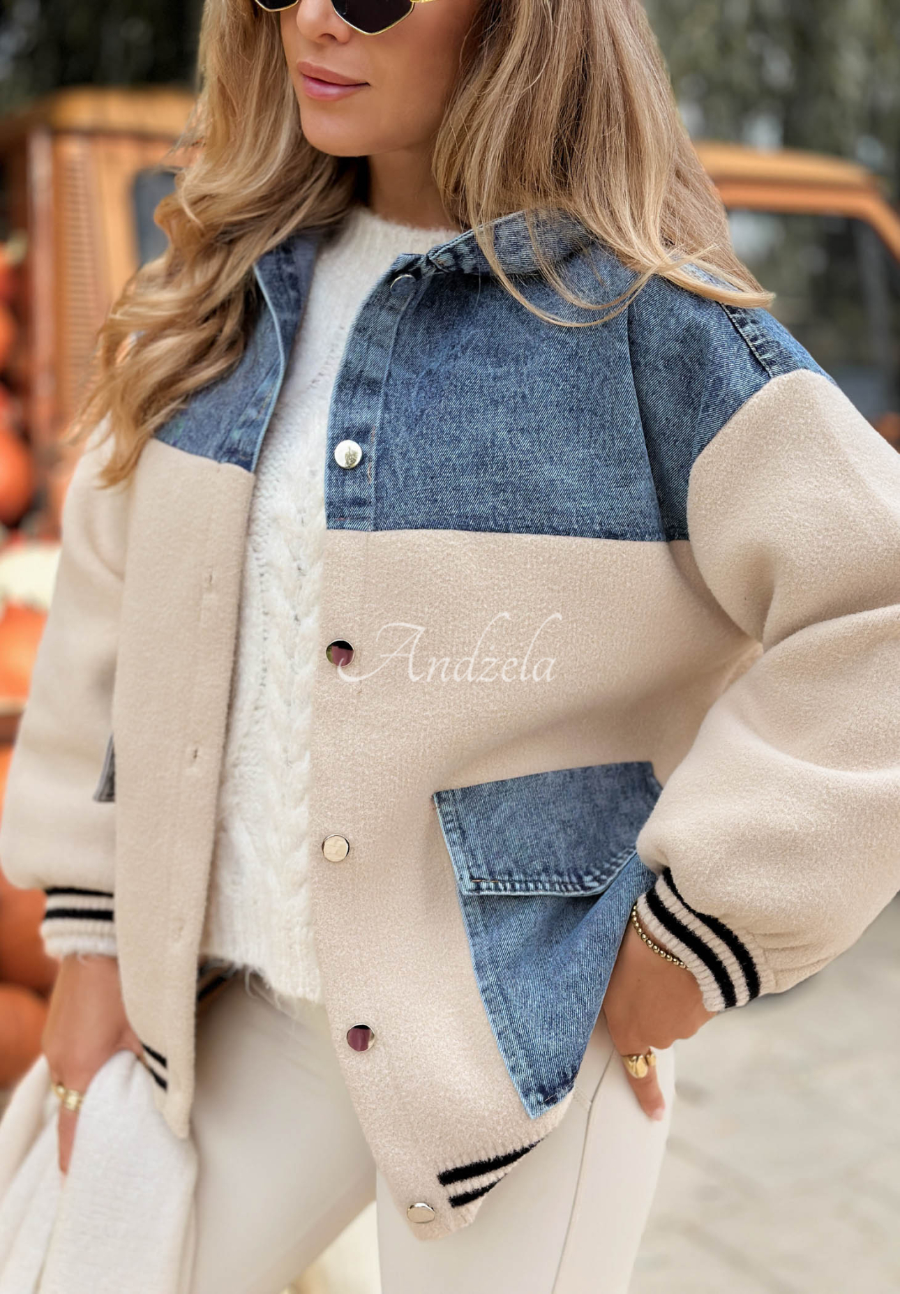 Cloudy Trails Beige Baseball Sweatshirt with Denim Details