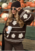 Sweter z haftowanymi kwiatami Misty Fleur czekoladowy