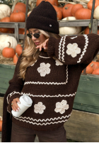 Sweter z haftowanymi kwiatami Misty Fleur czekoladowy