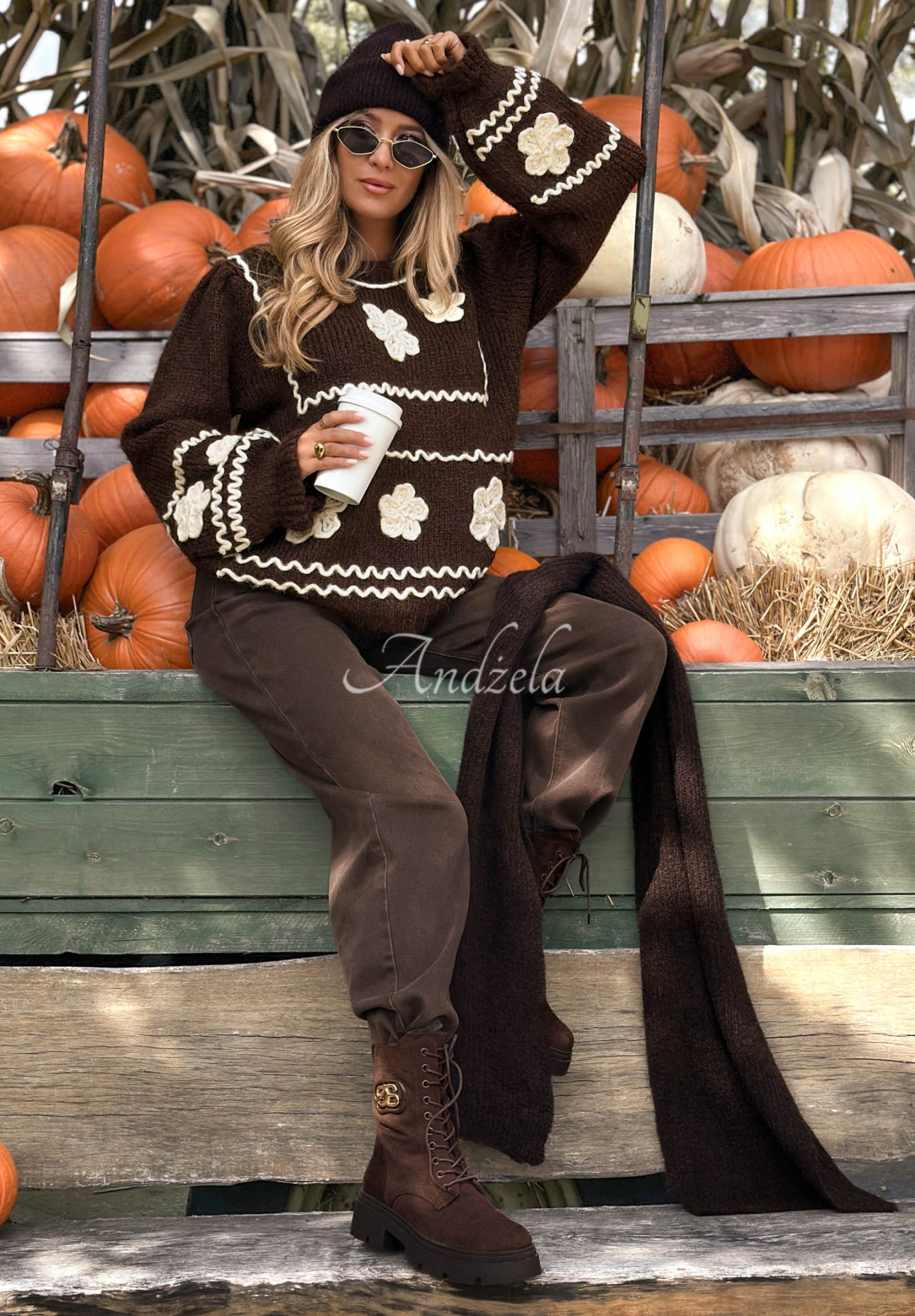 Misty Fleur Chocolate-Colored Viscose Sweater with Embroidered Flowers