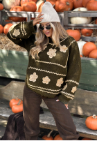 Sweter z haftowanymi kwiatami Misty Fleur czekoladowy