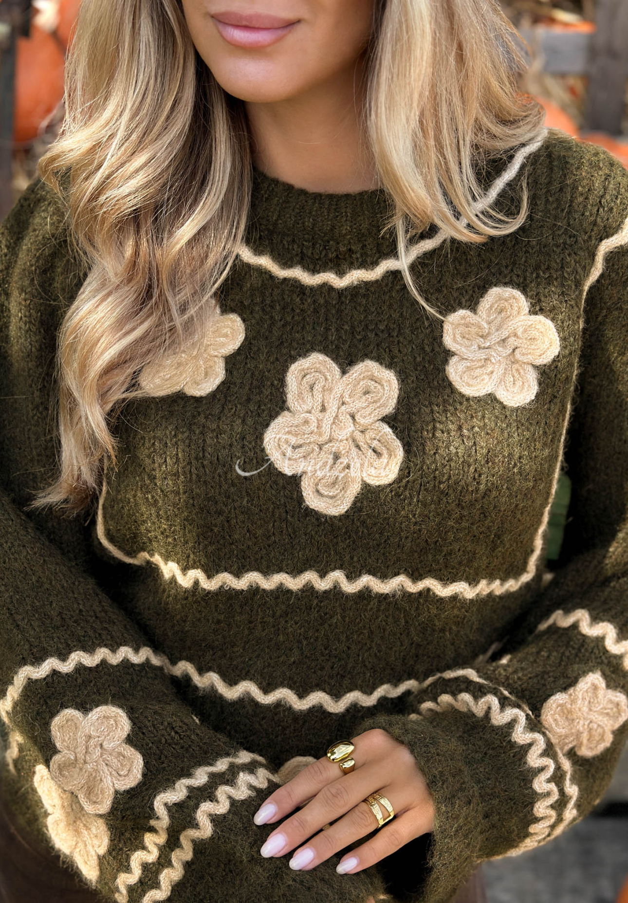 Misty Fleur khaki viscose sweater with embroidered flowers