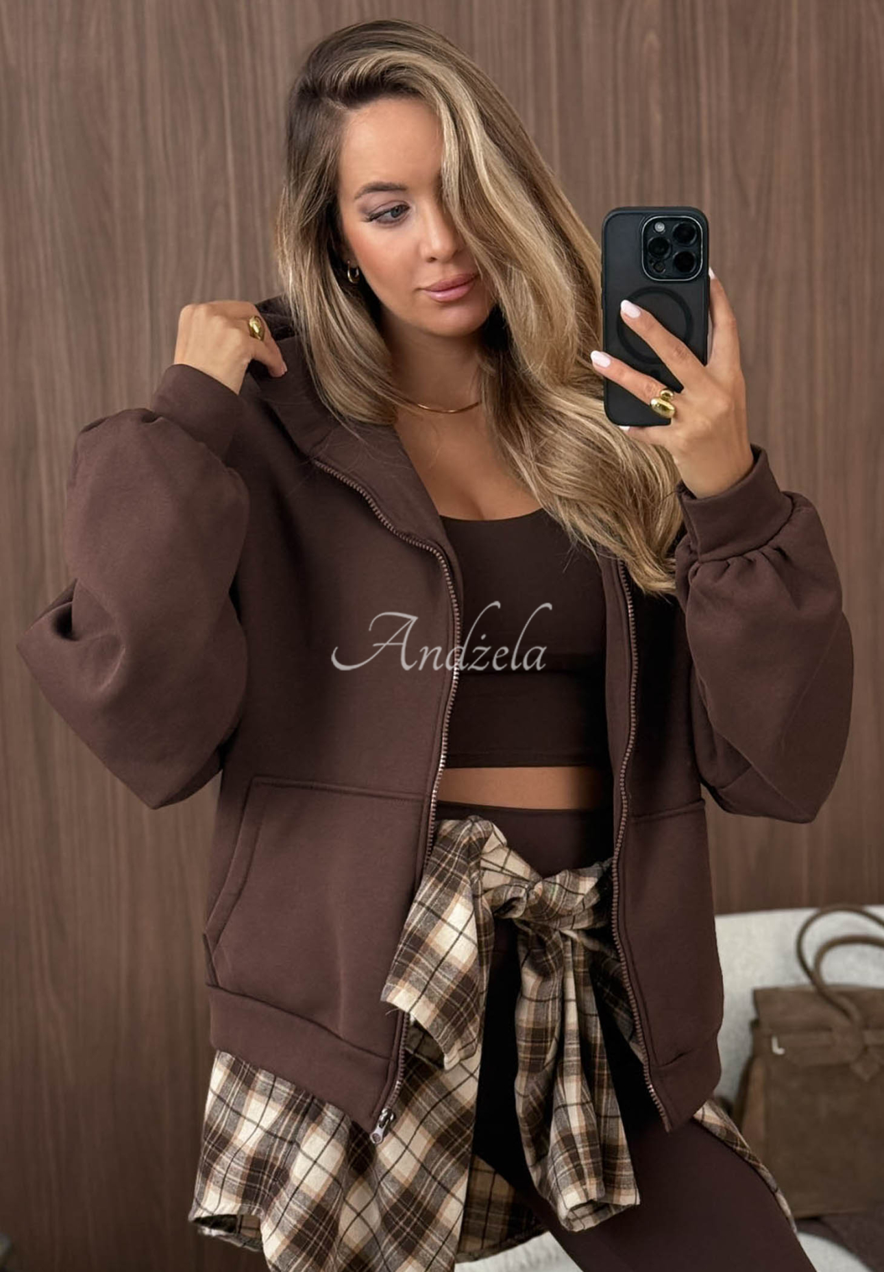 Bluza z kapturem oversize Don't Tell czekoladowa
