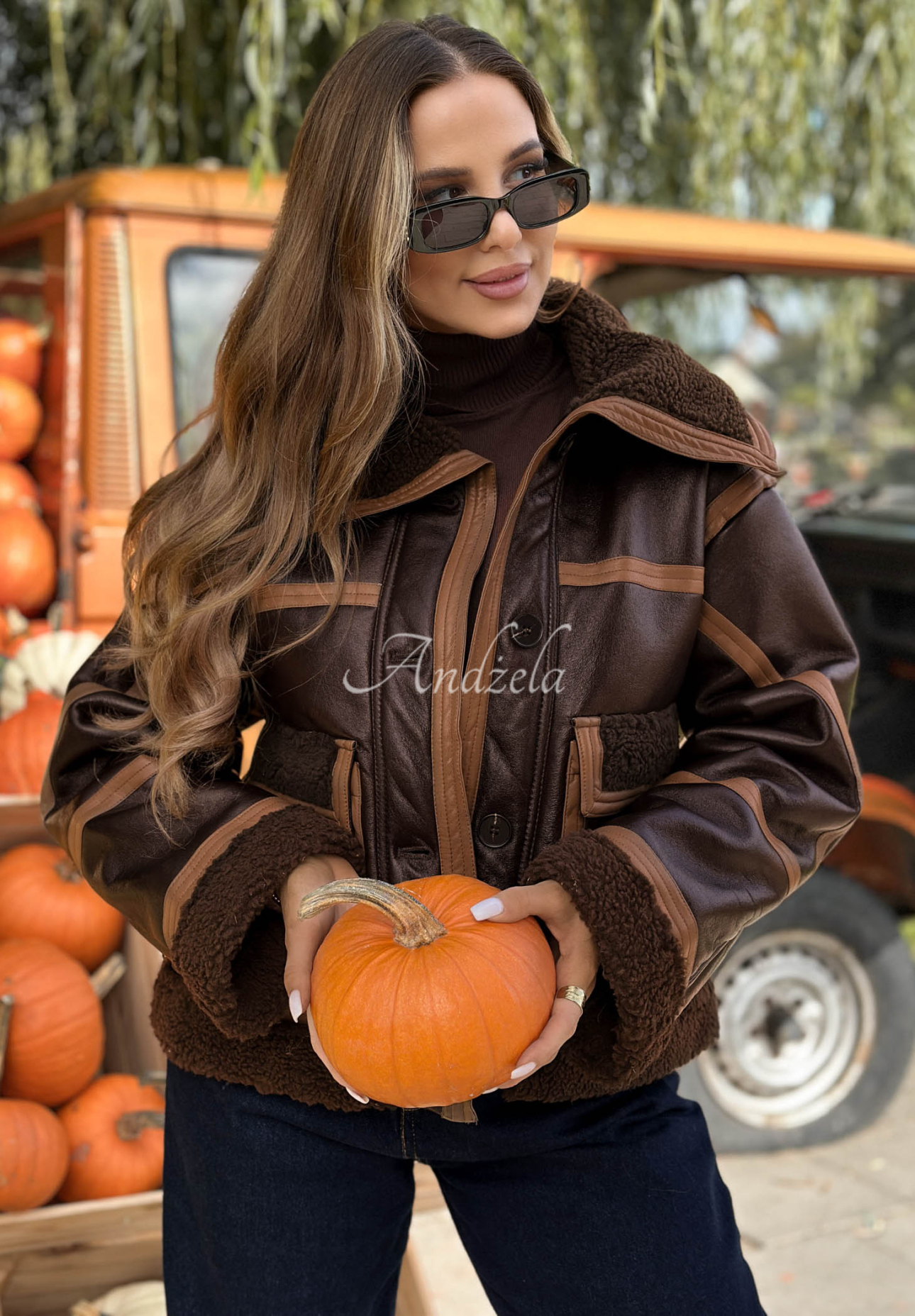 Chestnut Love Chocolate-Colored Short Leather Jacket with Shearling Lining