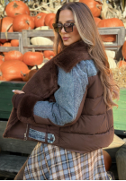 Pikowana kurtka bomberka z jeansowymi rękawami i futerkiem Icy Desire czekoladowa