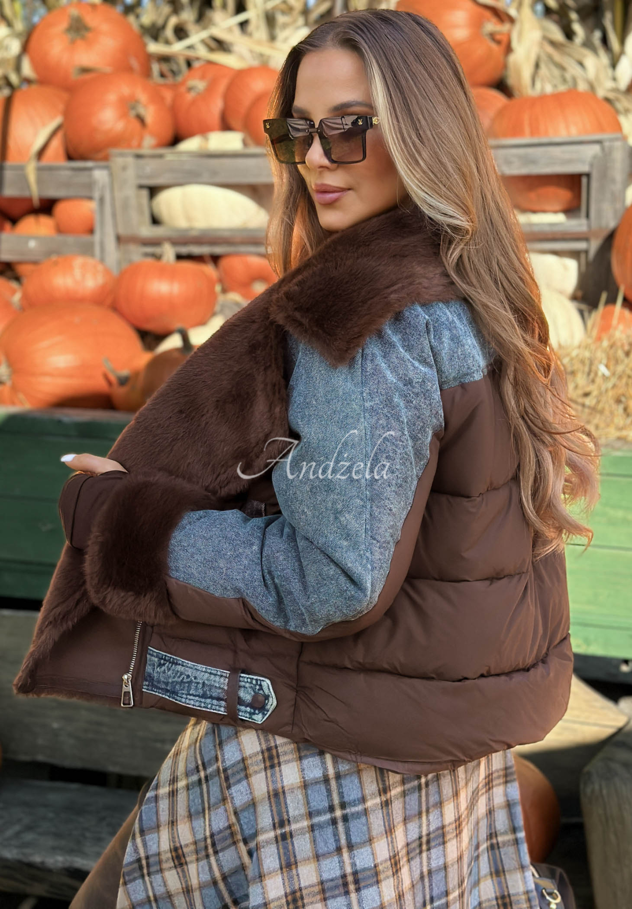 Quilted bomber jacket with denim sleeves and fur trim—Icy Desire, chocolate brown