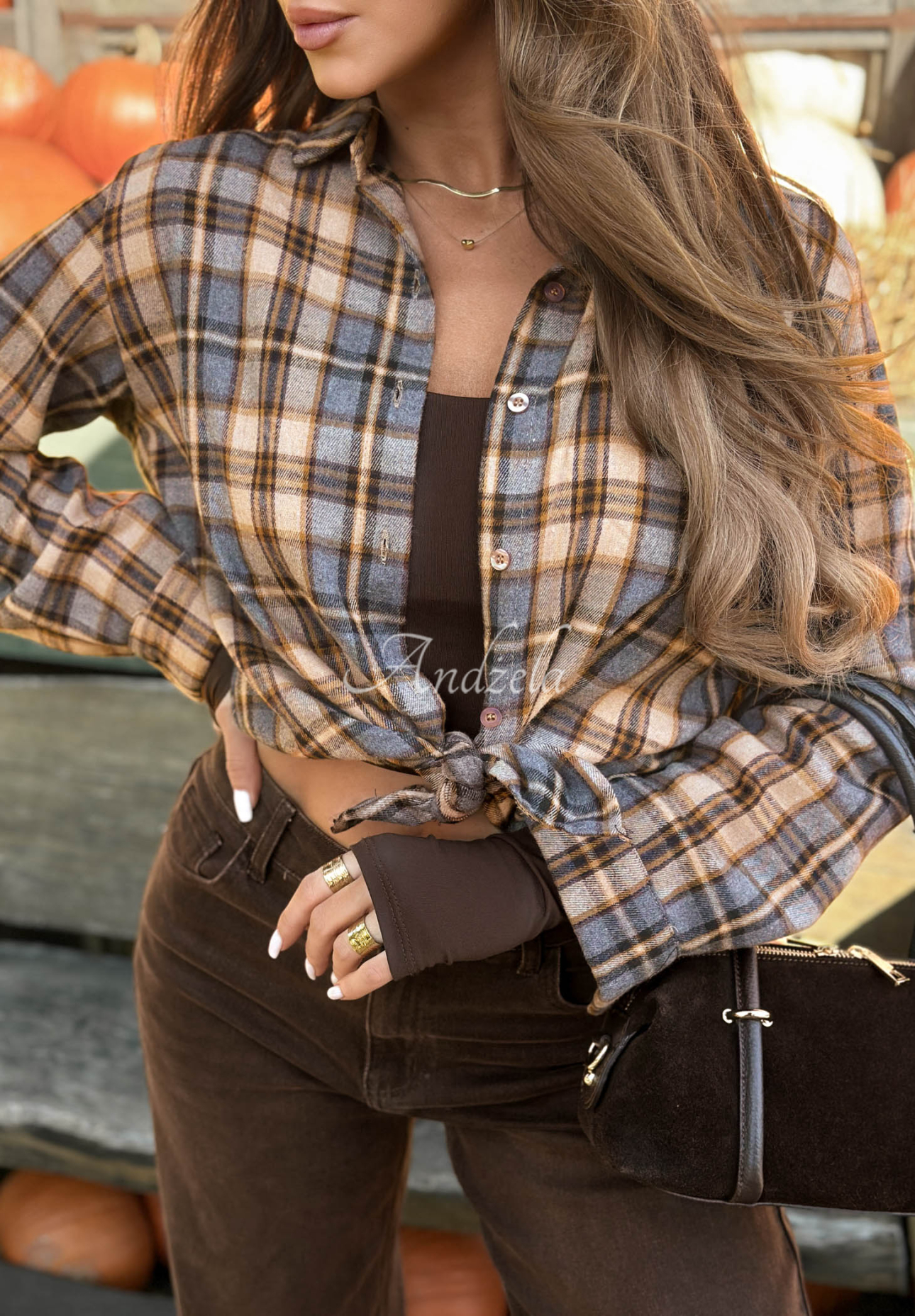 Fallen Leaves Asymmetrical Checkered Shirt in Camel and Gray