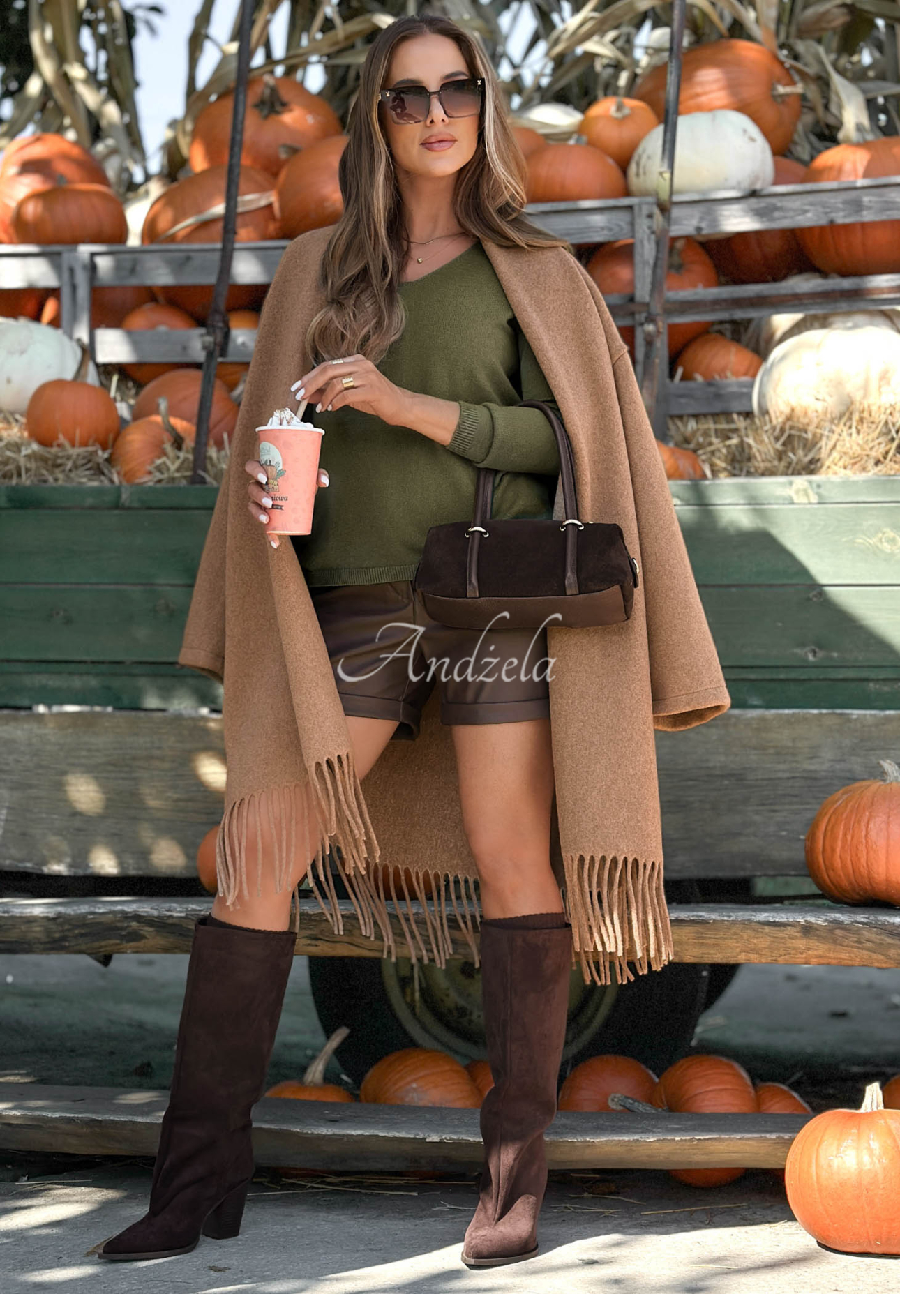 Modern Soul khaki oversized viscose sweater with a V-neck