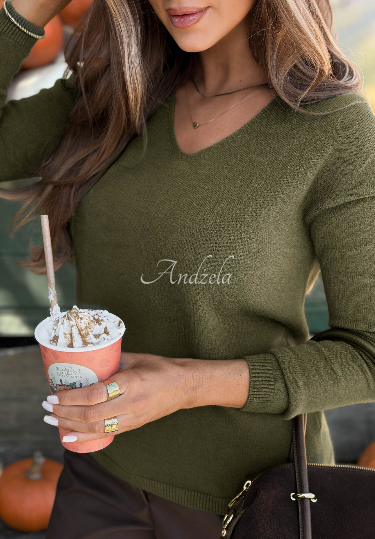 Modern Soul khaki oversized viscose sweater with a V-neck