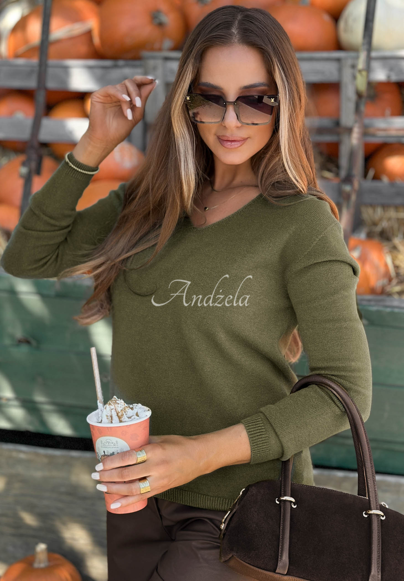 Modern Soul khaki oversized viscose sweater with a V-neck