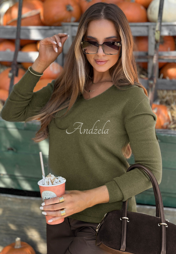 Modern Soul khaki oversized viscose sweater with a V-neck