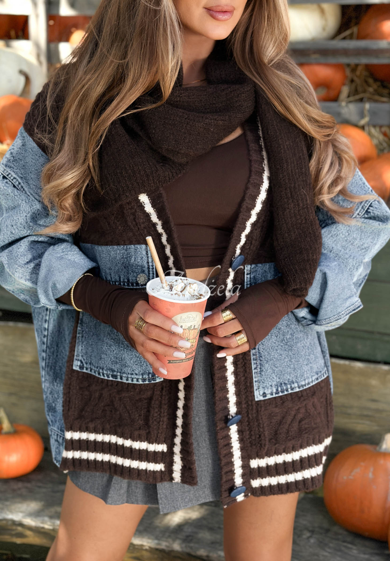 Morning Streets Chocolate-Colored Cotton Cardigan with Denim Details