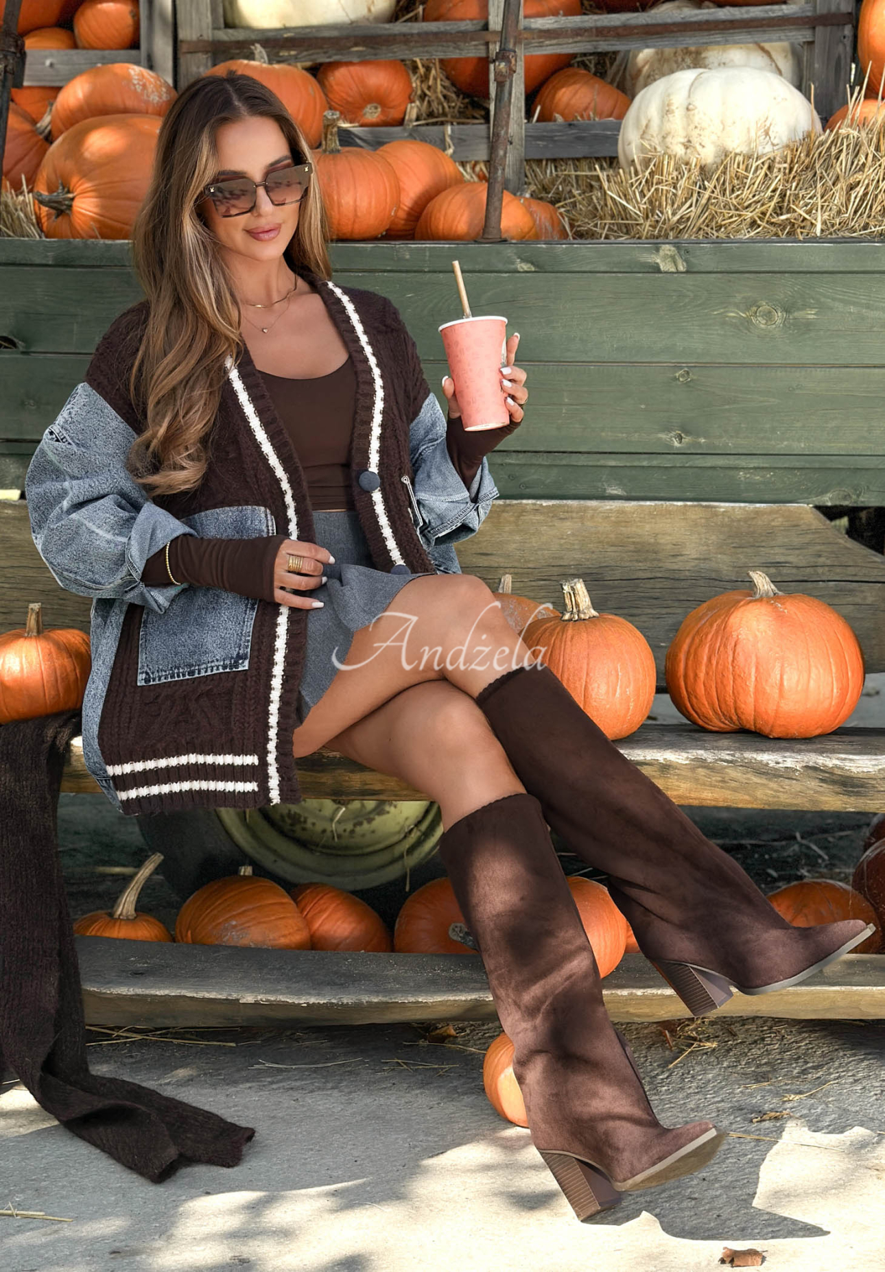 Morning Streets Chocolate-Colored Cotton Cardigan with Denim Details