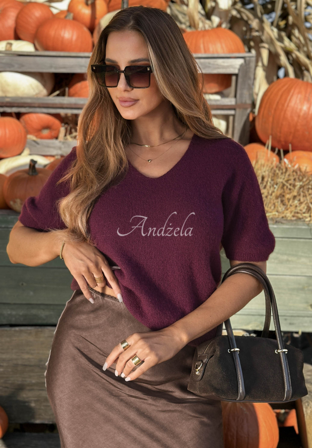 Soft, short-sleeved alpaca sweater in Honey Cloud blueberry