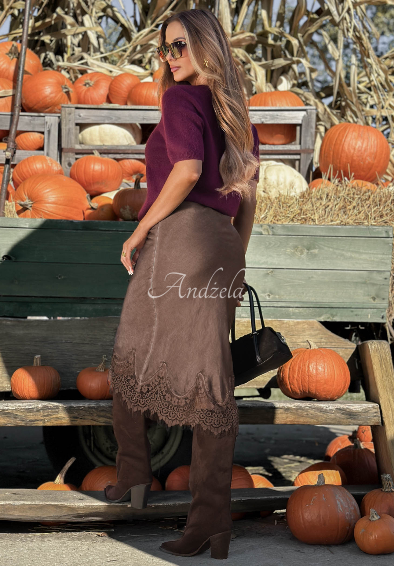 Wiskozowa satynowa spódnica z koronką Subtle Lace czekoladowa
