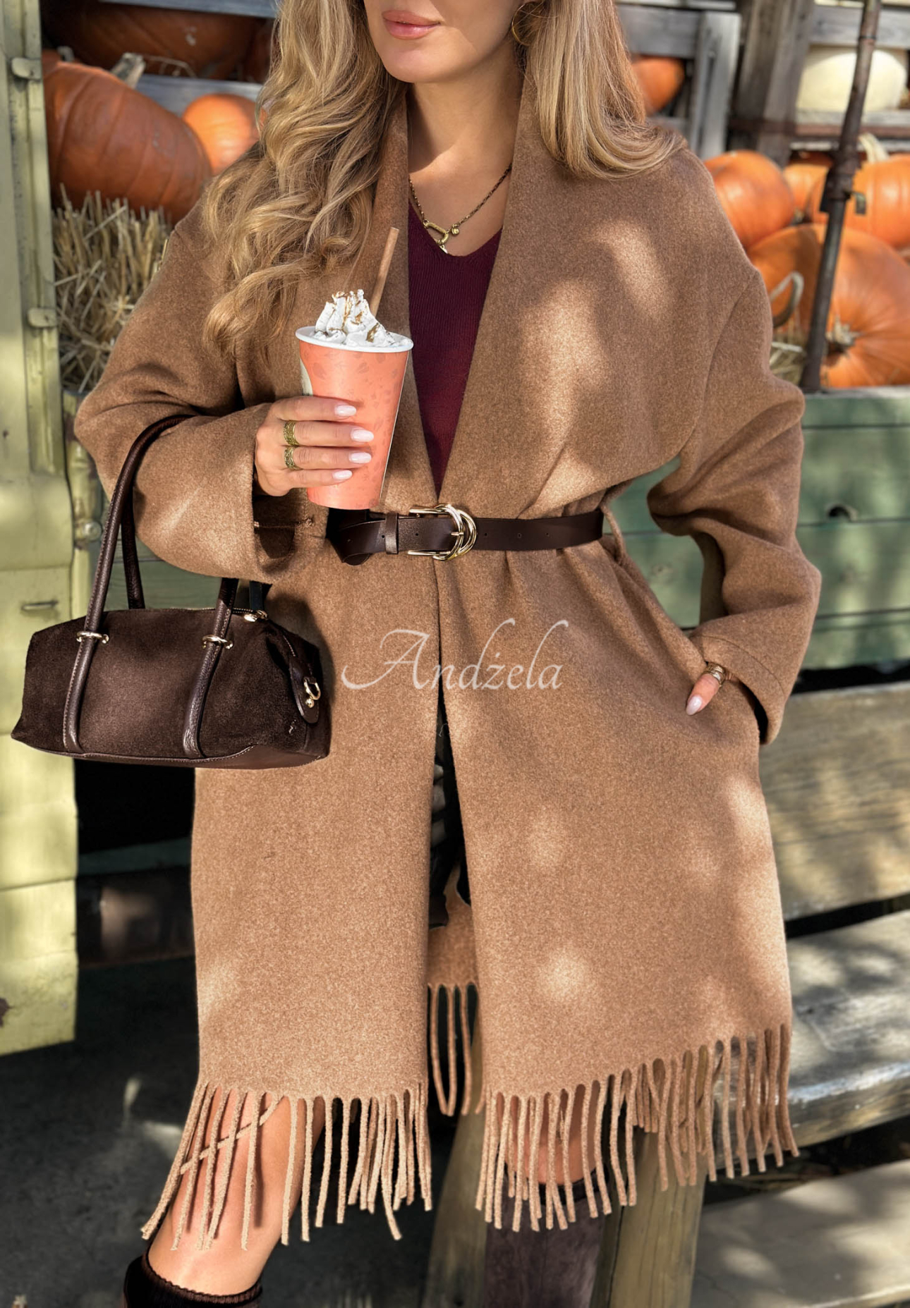 Lightweight wool coat with fringe and a belt by Hazel Grove in camel