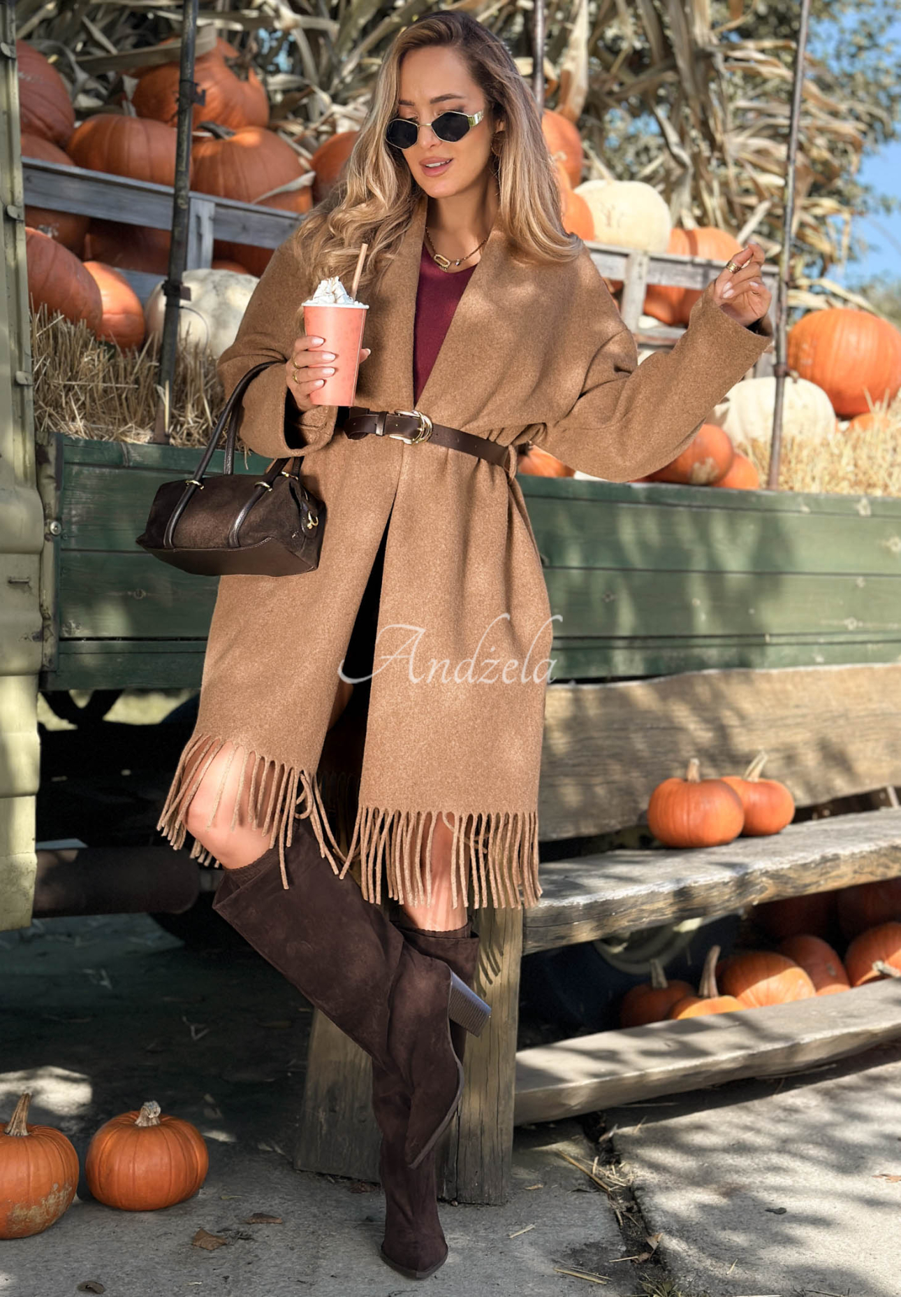 Lightweight wool coat with fringe and a belt by Hazel Grove in camel