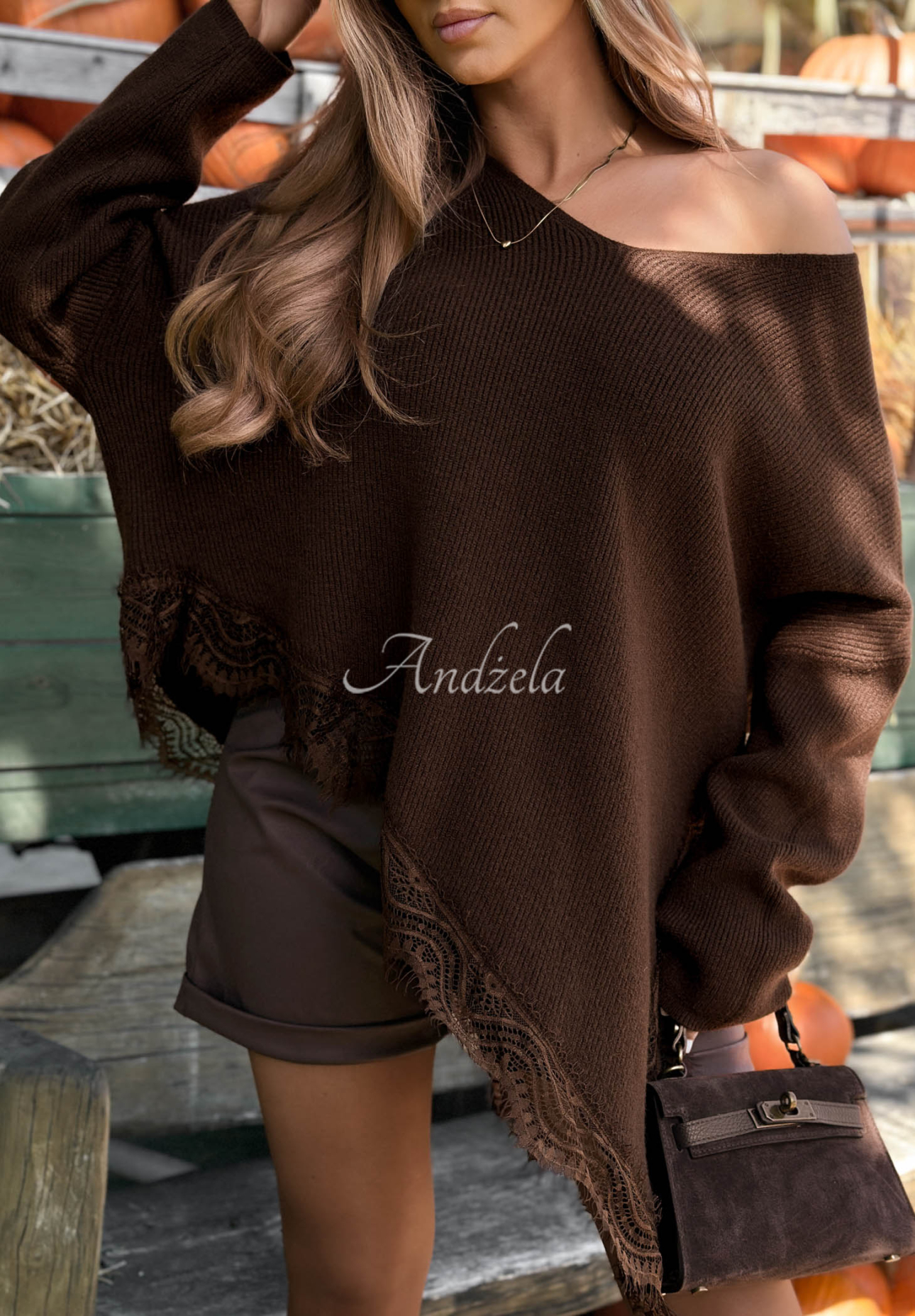 Sweet Seduction Asymmetrical Sweater with Lace, Wool and Viscose, Chocolate Brown