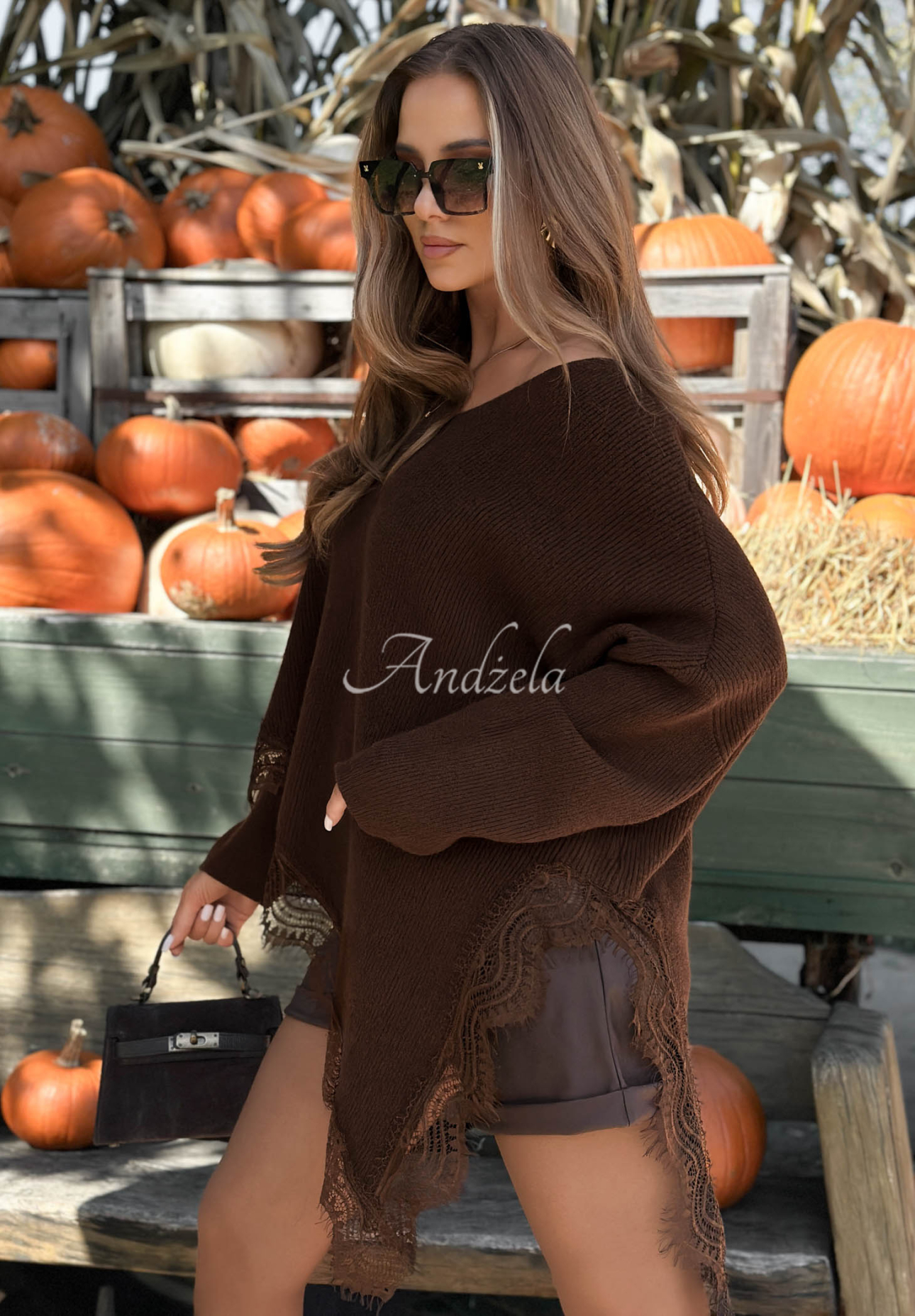 Sweet Seduction Asymmetrical Sweater with Lace, Wool and Viscose, Chocolate Brown