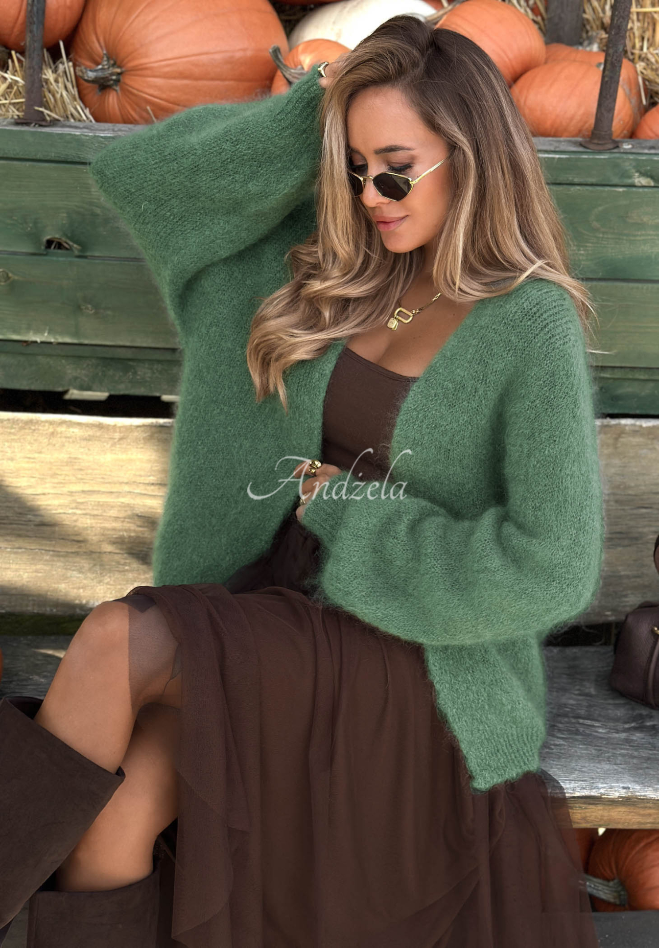 Moherowy kardigan oversize bez zapięcia Cozy Latte szałwiowy