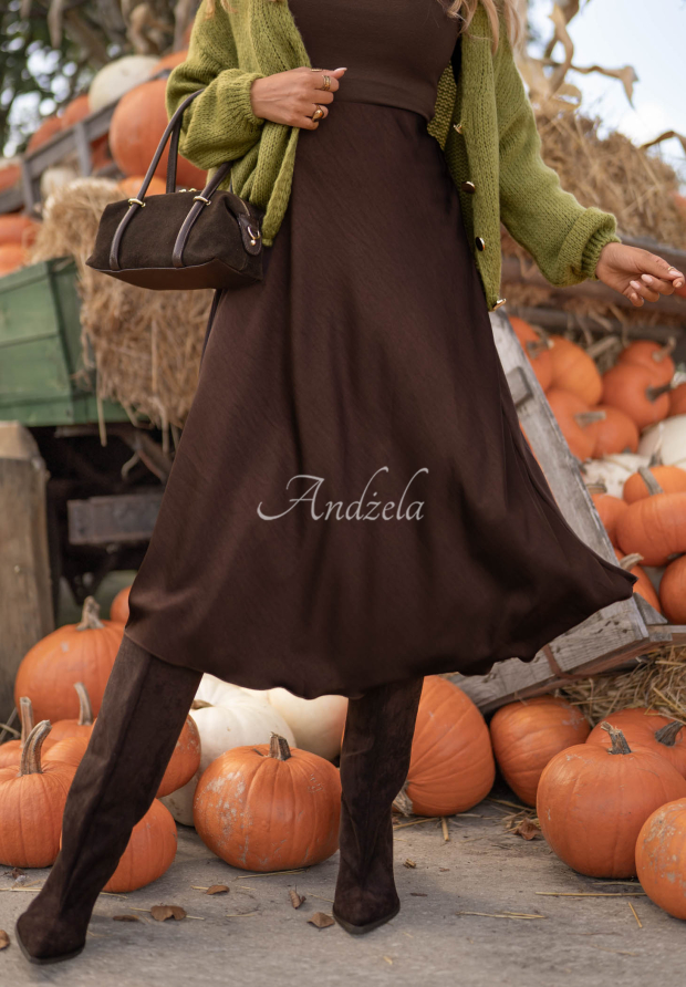 Lost Mornings Chocolate-Colored Satin Midi Skirt