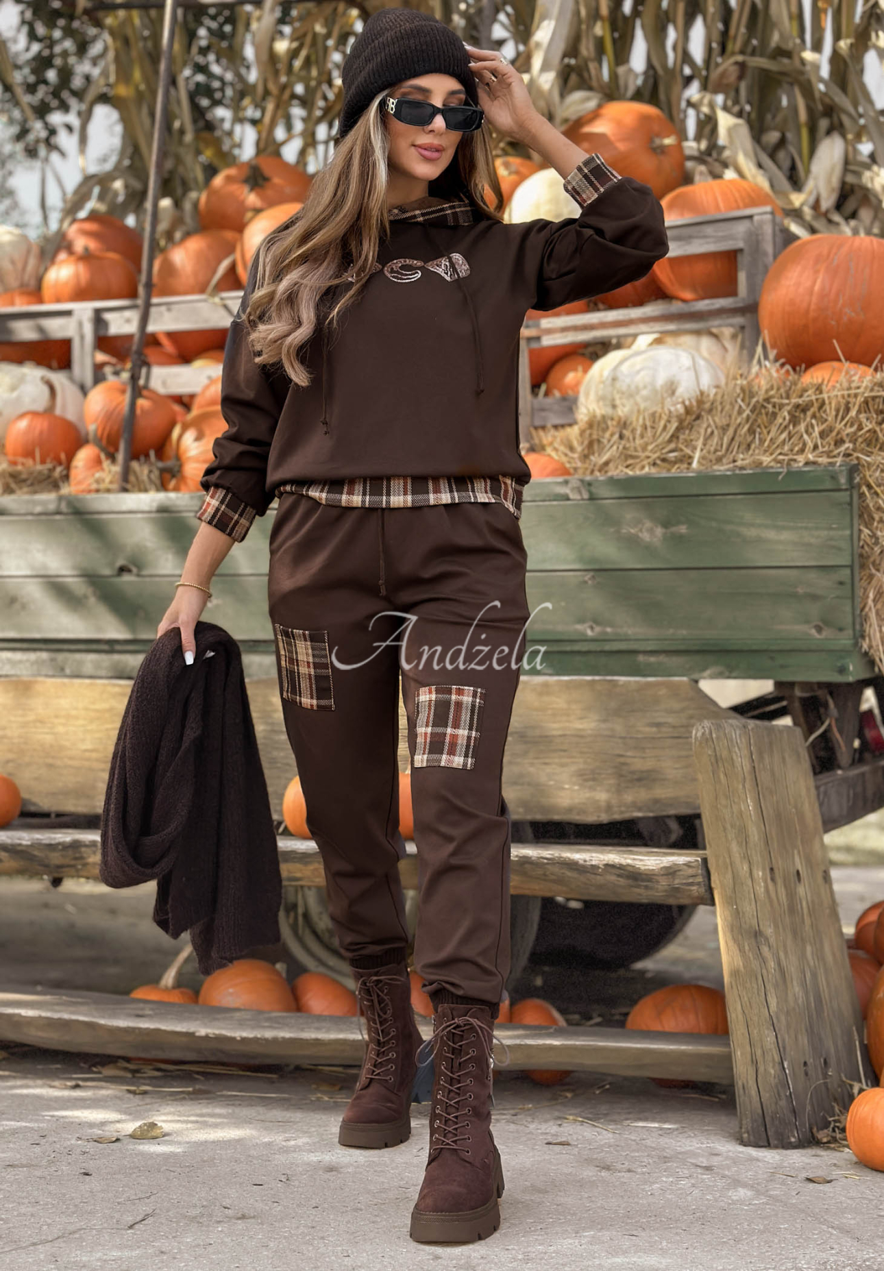 Coco Love Chocolate-Colored Viscose Checkered Hoodie