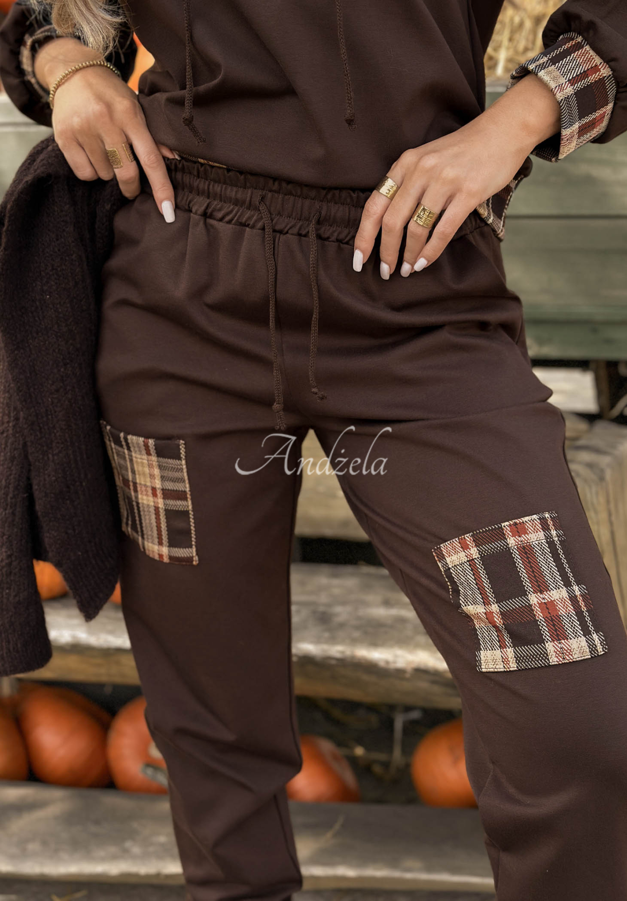 Coco Love chocolate-colored viscose pants with checkered patches