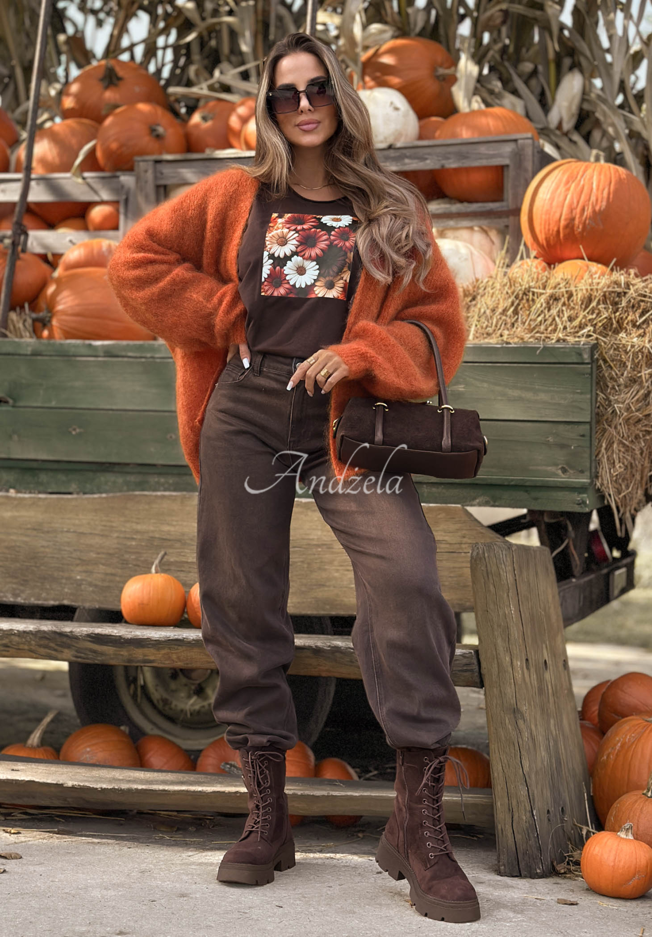 Autumn Sweetie Chocolate-Colored Long-Sleeve Cotton Blouse with Floral Print